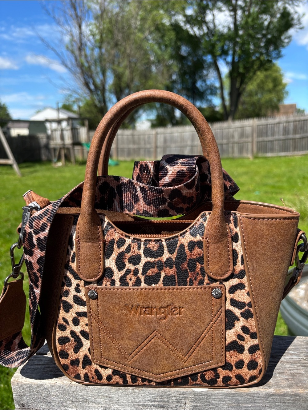 Wrangler Leopard-Print Satchel with Brown Suede Trim